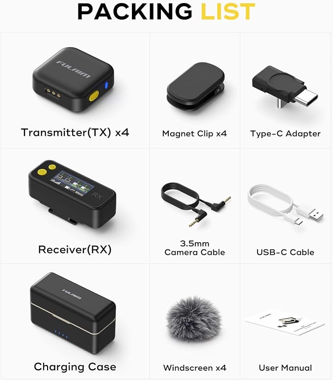 FULAIM 4-Pack Wireless Lavalier Microphone for iPhone Android Camera PC | 21H Battery Life with Charging Case, AI Noise Cancellation, 300m Range, Lapel Mini Mic for Vlog Interview TikTok - Image 7