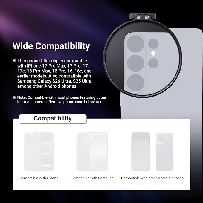 NEEWER 67mm Variable ND Filter & Threaded Phone Clip Set, Adjustable ND2-32 HD Neutral Density Mobile Photography Accessories, Compatible with iPhone 17 Pro Max Samsung S26 Ultra - Image 3