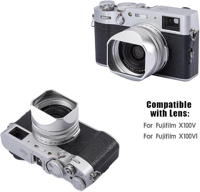 Metal Square Lens Hood (with Cap) with 49mm Adapter Ring for Fujifilm X100V/X100VI Camera Accessories (X100VI-Lens Hood-Silver) - Image 2