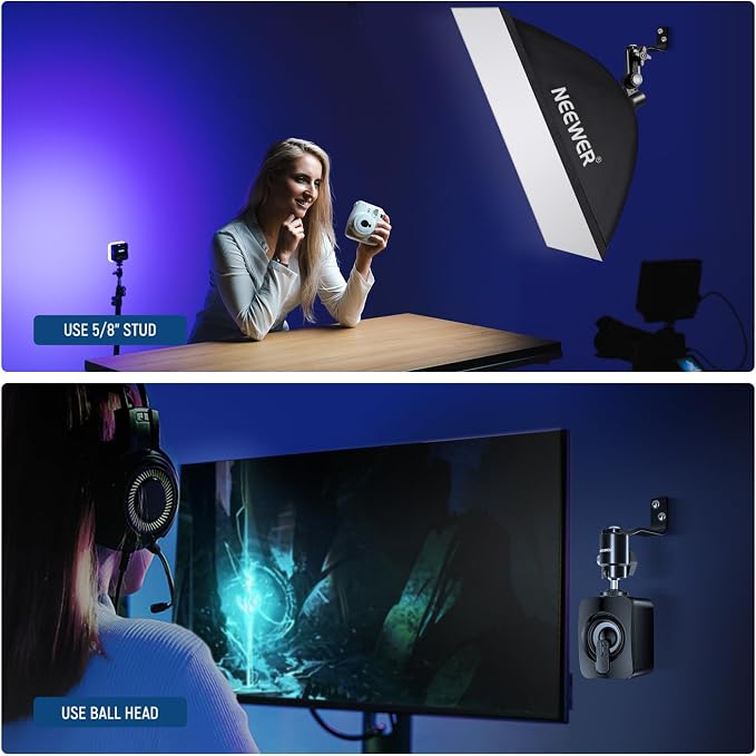 NEEWER 2 Pack E Type Wall Ceiling Mount, Ring Light Wall Mount Bracket with Detachable Ball Head, 5/8" Stud, 1/4" Screw for Flash Strobe Camera Monitor Studio Lighting, Max Load: 4.4lb/2kg, TS007 - Image 4