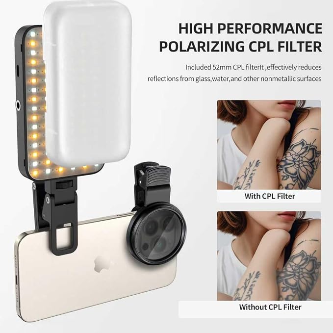 LED Selfie & Tattoo Light with 52MM CPL Filter Lens 360° Rotatable Clip Tattoo Equipment/Tripod Stand/Phone Holder,Fill Lighting Remove Reflection for Art Food Jewelry Photography Video Recording - Image 2