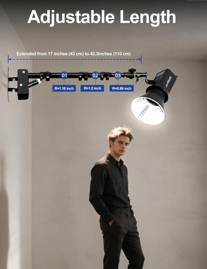 AMBITFUL 43inch/110cm Ring Light Wall Mount Triangle Boom Arm | Adjustable 180° Rotatable Studio Wall Stand with 1/4" 3/8" Screws, 5kg Load for Barbershop Live Streaming Video Shooting - Image 2