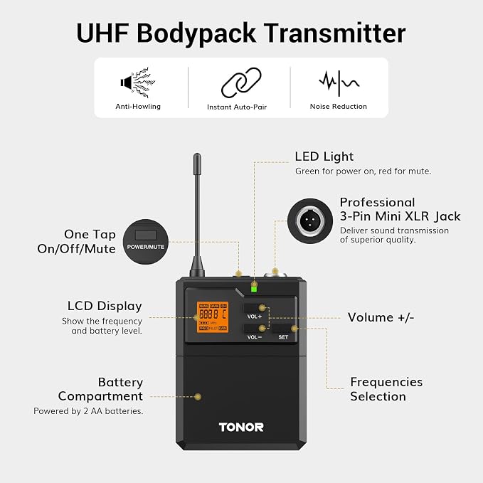 TONOR Wireless Microphones System with Metal 2 Cordless Mic and 2 Headset/Lapel/Lavalier Mic, Bodypack Transmitter, Receiver for Karaoke Church Singing Party PA Speaker, 4*10 Channels 90 m/295ft Range - Image 6