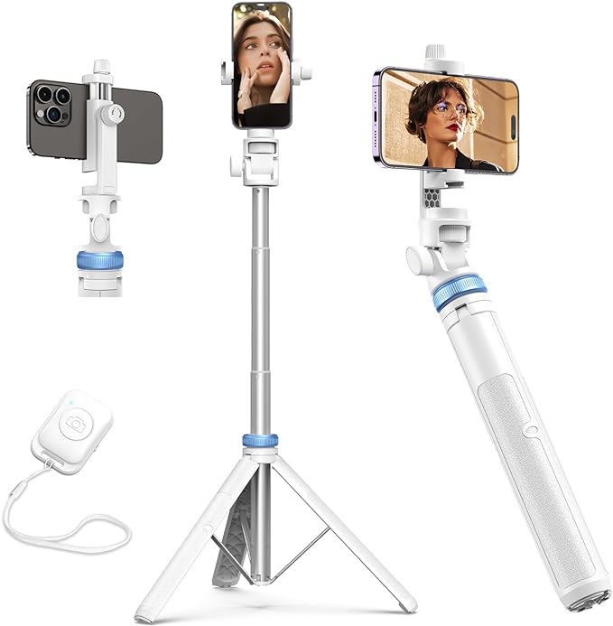Kaiess 62" Phone Tripod & Selfie Stick, Extendable Photography Light Stand with Wireless Remote, Solidest, Portable, Lightweight, Compatible with iPhone/Android Phone (White) by Kaiess