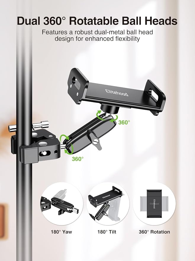 elitehood Universal iPad Mount Clamp, Metal Clip On Tablet Holder for Mic | Dual Adjustable Ball Head, Aluminum iPad Holder for Mic Stand, iPad Pole Mount for Drum Mic Yoke Boat Wheelchair Stroller - Image 3