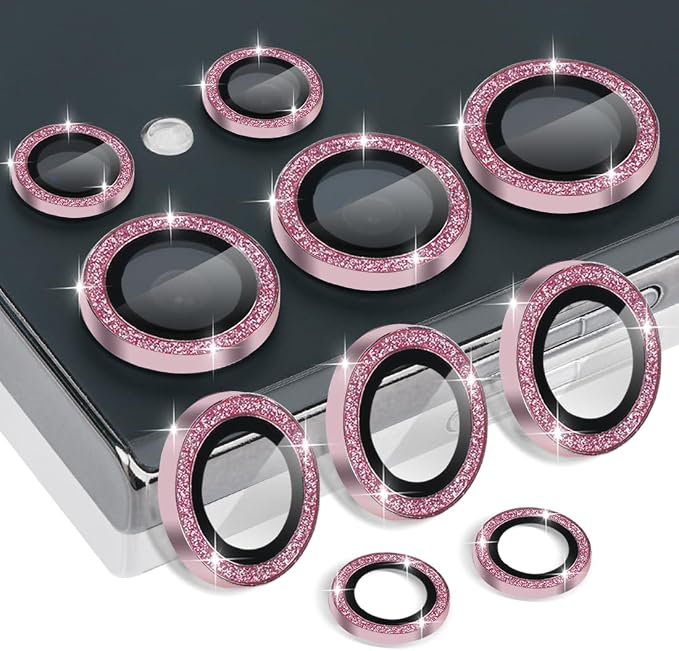Camera Lens Protector for Samsung Galaxy S24 Ultra, Glitter Pink | Tempered Glass, Auto-align Tray, Easy Installation, Case Friendly, Anti-Scratch, HD Clear, Ultra Slim by Rayorcon