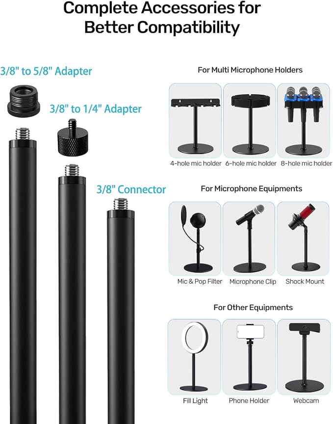 Multi Mic Holder with Mic Stand for 4 Handheld Mics, Weighted Desktop Base | With 5/8 & 3/8 Adapters, Holds Wired/Wireless Mics for Podium, Stage, Church, Home Studio, All Metal, Base with Rubber Pad - Image 6