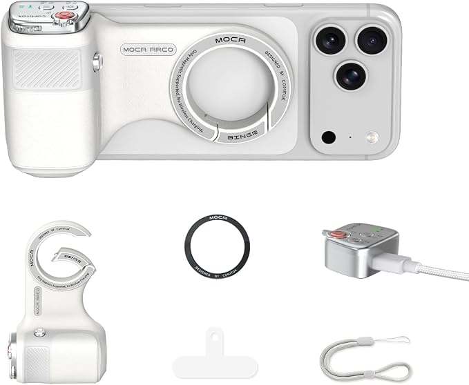 Upgraded Mag-Safe Magnetic Camera Handle Grip with Extended Magnetic Phone Mount with Carabiner & Thumb Rest, Detachable Rechargeable Shutter Remote Compatible with iPhone Pro Max for Video Calls/TK by COMITOK