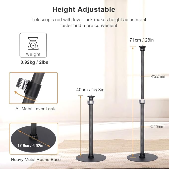 Koolehaoda Round Base Monopod 16"-28" Adjustable Tripod Stand for Desk | Carbon Fiber Tabletop Tripod with 1/4"-3/8" Thread for DSLR Camera Light Webcam for Live Streaming Vlogging, Payload 33lbs - Image 3
