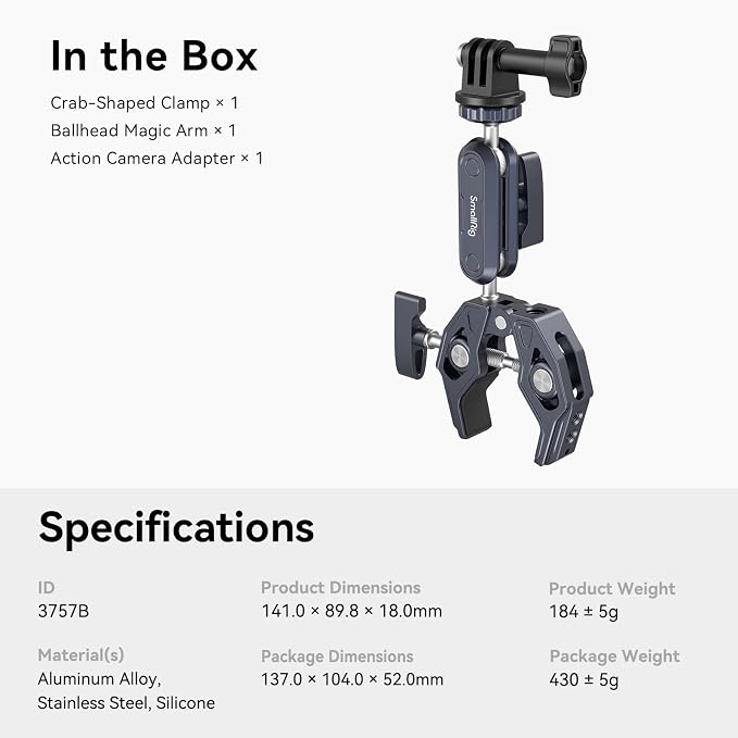SMALLRIG Super Clamp Mount, Ballhead Magic Arm and Adapter for Gopro | Camera Monitor Mount with 1/4''-20, 3/8''-16 Threaded Holes, for Gopro / DSLR / Stabilizer - Image 7