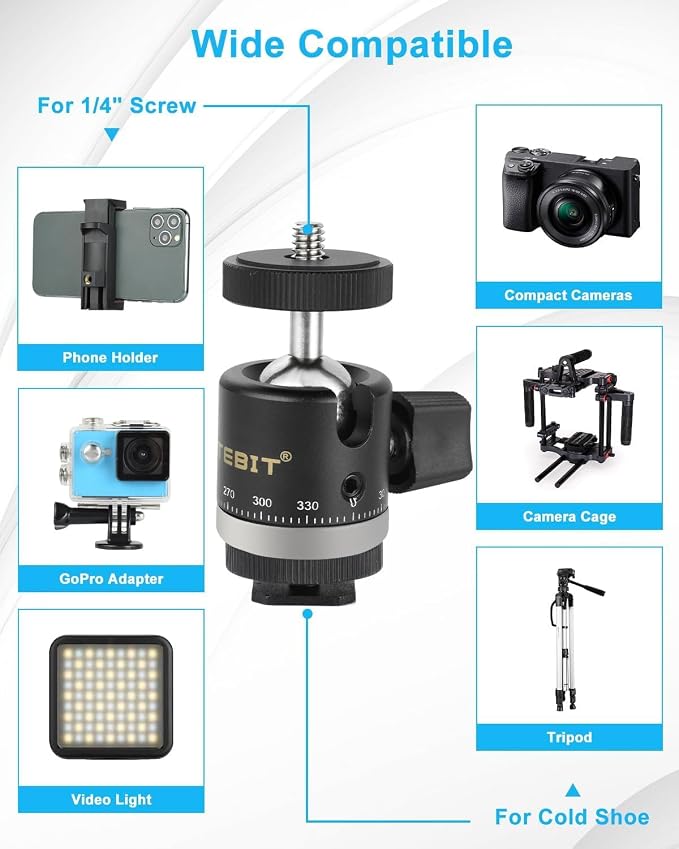 UTEBIT Panoramic Tripod Head with 1/4" Camera Hot Shoe Mount, Black | Mini Ball Head DSLR Camera Mount Adapter Photograph Attachment Accessories for Action Cameras Cam Smartphone Light Microphone - Image 5