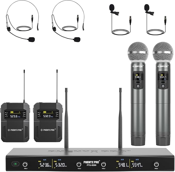 Phenyx Pro 4-Ch UHF Handheld/Bodypack Wireless Microphones PTU-5200-2H2B | 2 Handheld Mics, 2 Bodypacks, Headset/Lapel Mics, 4 x 25 Frequencies, 200 ft Range, Stage Vocals, Karaoke, Church Services by PhenyxPro