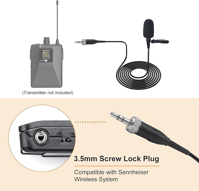 Lavalier Microphone, Cardioid Condenser Clip On Microphone, Lapel Microphone Compatible with Sennheiser Microphone Wireless System, 3.5mm Screw Lock Plug, Ideal for Lectures, Theater, Actors - Image 3