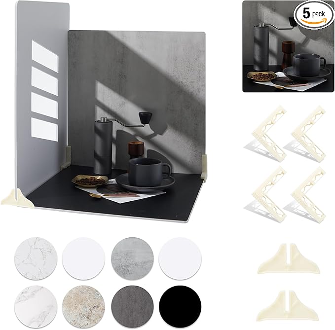 BEIYANG 4PCS 16x16 Inch Backdrop Boards and 1PCS 15x19 Inch Window Shadow Pane, Perfect Backdrop Kit for Small Product Such as Food Drink Make-up Flower, Durable Waterproof by BEIYANG