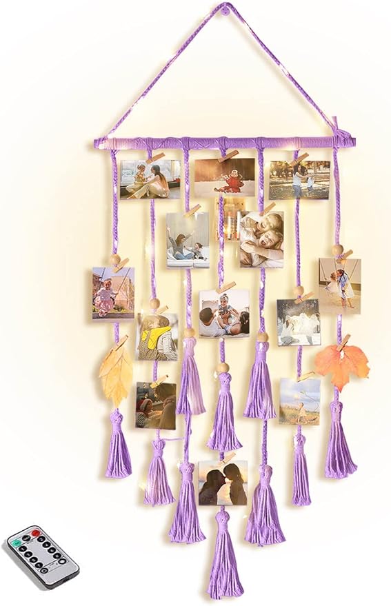 Homecor Hanging Photo Display Wall Decor, Purple Macrame Hanging Boho Room Bedroom Decor, Picture Frame Collage with Light 30 Clips, Christmas Teenage Teen Girl Gifts Ages 10 11 12 13 14 Years Old by HOMECOR