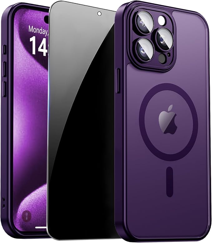 for iPhone 15 Pro Max Case with Privacy Screen Protector, Purple | Full Camera Protection, Translucent Matte Magnetic, Compatible with MagSafe, Shockproof Phone Cover, Slim Fit Women/Girls by ZOZDOKG