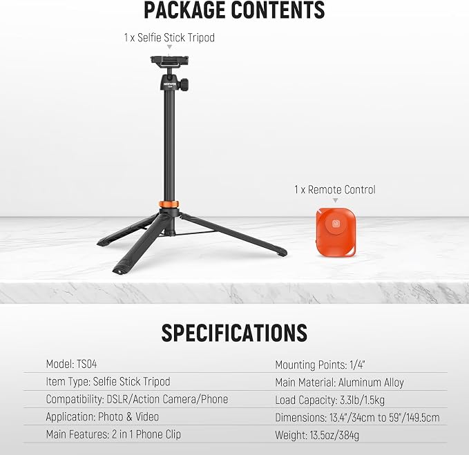 NEEWER BASICS 59"Selfie Stick Tripod Compatible with iPhone & DLSR Camera, Small Metal Compact Portable Travel Desk Stand with Remote Ball Head 2in1 Cell Phone Holder Mount for Video Recording Filming - Image 8