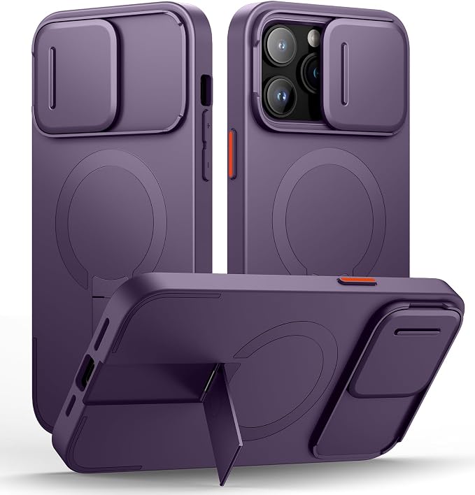 SURITCH for iPhone 14 Pro Max Case with Magnetic Camera Slide Cover and Adjustable Kickstand, Compatible with MagSafe, Shockproof Bumper Case Slim Protective Cover 6.7 Inch, Dark Purple by SURITCH
