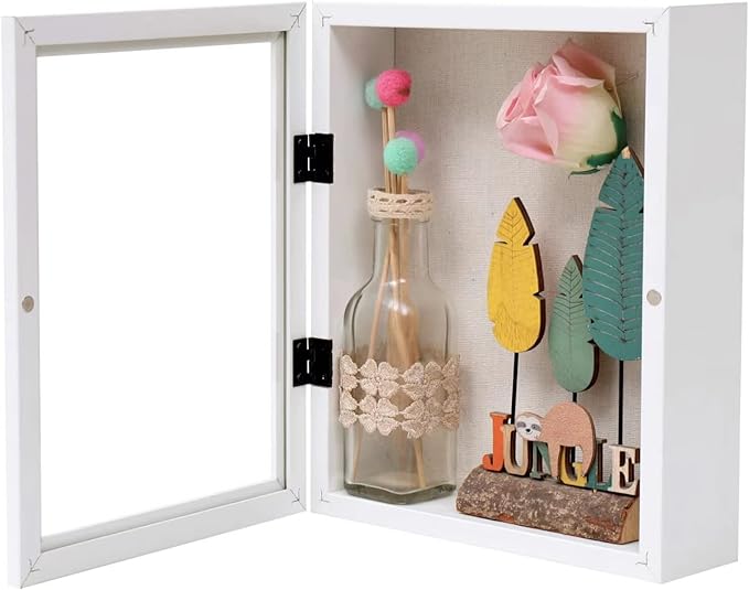 Muzilife 8x10 Shadow Box Wood Picture Frame, 2.16 Deep, Real Glass, White | FSC-Wood, Magnetic Door, Linen Interior & Pins, Vertical, Horizontal Wall Hanging, Display Case Frame for Photos & Keepsakes by Muzilife