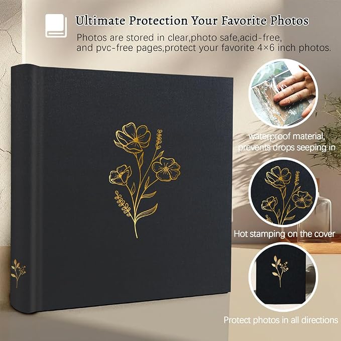 Holoary Photo Album 4x6 200 Photos, 200 Pockets 4”x6” Picture Album, Linen Fabric Cover Big Picture Book for Photos with Writing Area, 4x6 Photo Albums for Family Weddings Travel Memories(Black) - Image 3