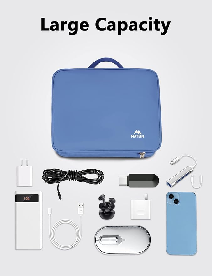 MATEIN Electronics Organizer Case, Cable Organizer Bag with Handle, Blue | Electronic Accessories Case for Cable, Cord, Tablet, Charger, Phone, Double Layers Tech Case Travel Gifts for Men and Women - Image 2