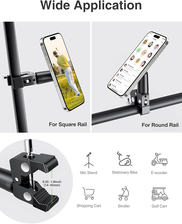 elitehood Magnetic Phone Clamp Mount, Universal Magsafe iPhone Holder Clip | Strong Magnetic, 360 Adjustable, Aluminum Clip On Phone Holder for Mic Stand/Golf Cart/Treadmill/Stroller Fit iPhone 17-12 - Image 4
