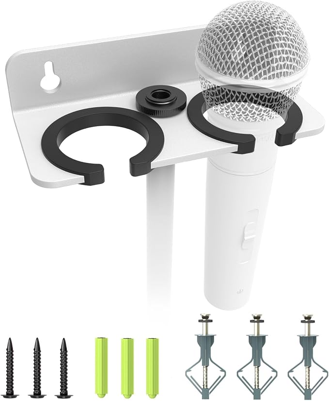 White 2-Slot Multi Mic Holder for Handheld Wired/Wireless, Wall/Stand Mount | Wall Mounted Organizer, Fits 5/8 & 3/8 Mic Stand, Holds 2 Wired/Wireless Mics for Church/Stage/Studio, Rubber Pad Protection by Borenbuir