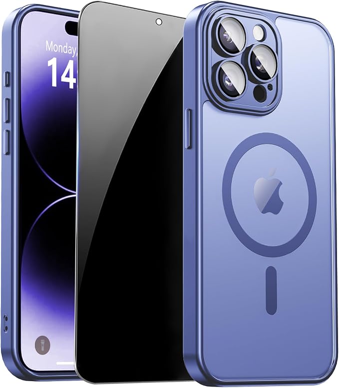 for iPhone 14 Pro Case with Privacy Screen Protector, Light Blue | Full Camera Protection, Translucent Matte Magnetic, Compatible with MagSafe, Shockproof Phone Cover, Slim Fit by ZOZDOKG