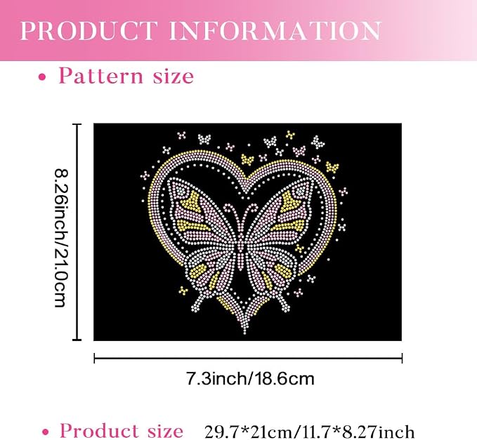 1 Pc Butterfly Heart Iron on Rhinestones Transfer, Pink Hotfix Iron on Patch Transfer Decals Crystal Heat Transfer Clothing Repair Decor for T-Shirt Jeans Jacket Party Decor - Image 2