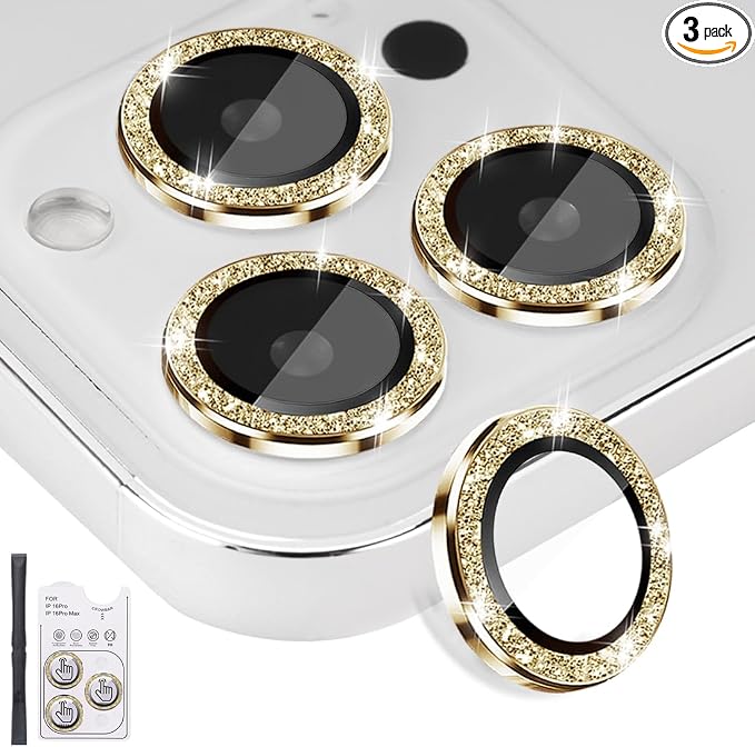 Camera Lens Protector for iPhone 16 Pro/16 Pro Max, Glitter Gold | Tempered Glass, Auto-align Tray, Easy Installation, Case Friendly, Anti-Scratch, HD Clear, Ultra Slim by Rayorcon