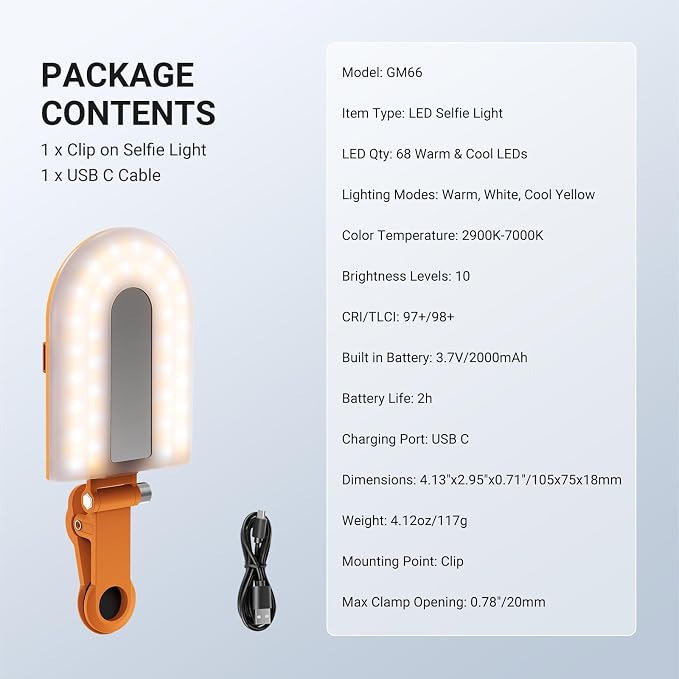 NEEWER GM66 Clip on Selfie Light for Phone, 68 LEDs, Bi Color Lighting Compatible with iPhone with CRI97+, 2000mAh for TikTok Vlog Recording Streaming Laptop Computer Webcam Video Conference Makeup - Image 8