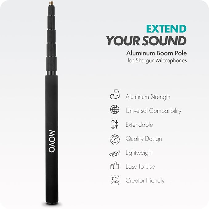 Movo CMP-17 Professional 9.8' Aluminum Boom Pole for Shotgun Microphones – Compatible with Rode NTG Series, Sennheiser MKE600, Audio-Technica AT875R & More - Image 2
