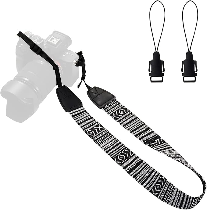 Camera Strap Canvas BlackWhite Shoulder Strap with Release Buckles | Adjustable Vintage Neck Shoulder Carrying Strap with Quick Release Buckles for DSLR SLR Most Digital Cameras by WANBY