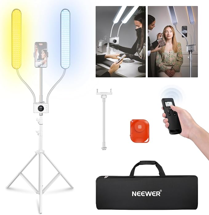 NEEWER Esthetician Light with Phone Holder & Travel Bag Kit, Support 2.4G/PC/MAC Control & Separate Control of 2 LED Light Heads, CRI98+ Bi Color Stepless Dimmable Tattoo Lighting Lash Lamp, BH40B by Neewer