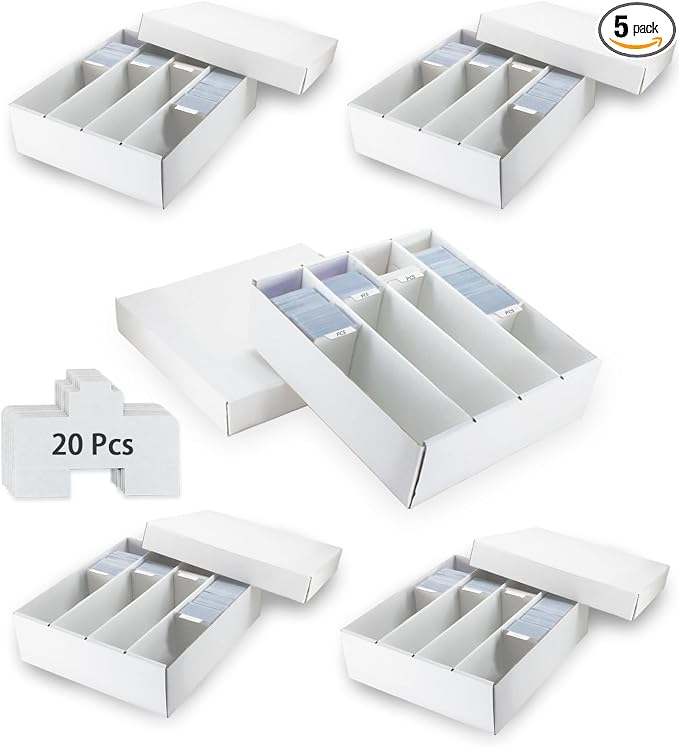 4 Row Trading Card Storage Box, 5 Pack 3200 Count Supporters&Divider white | Sturdy & Durable White Cardboard Storage Box for Basketball/MTG/TCG/Sports/Game Cards Organizer and Collection by XRACV