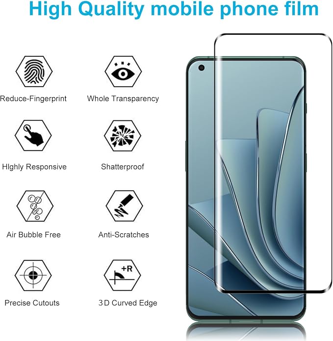 Didisky Screen Protector for Oneplus 10 Pro (Not for 10t,10), 3 Pack Tempered Glass Film with 2 Pak Lens Protector, 3D Curved Full Coverage,Easy to Install,Bubble Free,9H,Anti Scratch - Image 2