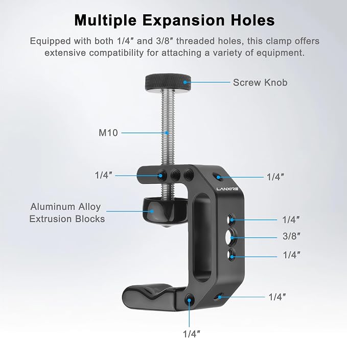 C Clamp Camera Mount with 1/4’’ and 3/8’’ Threaded Holes - 4.5cm Jaw Opening - Max Load 2kg - 2 Pack - Image 2