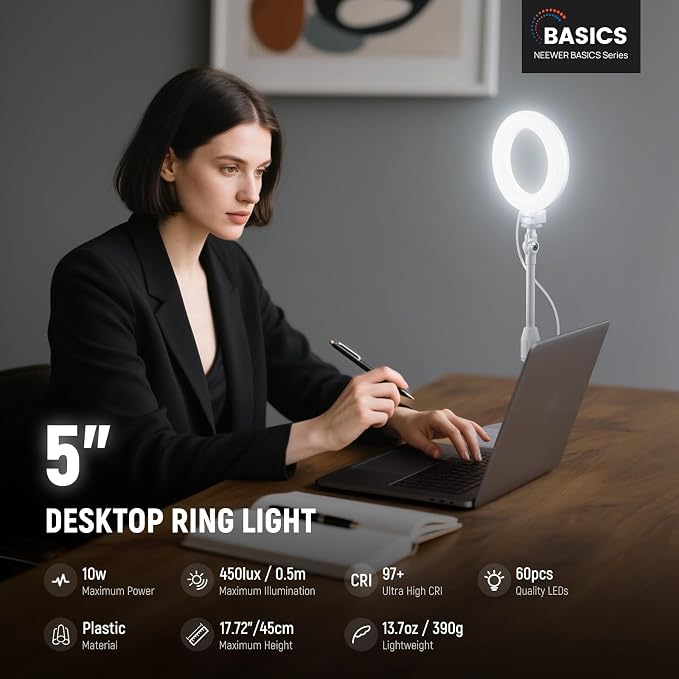 NEEWER BASICS 5"/13cm Desk Ring Light with Stand, 10W LED Selfie Light with Phone Holder Base Compatible with iPhone for Video Recording Laptop Webcam Zoom Video Conference Lighting Makeup, White BR60 - Image 2