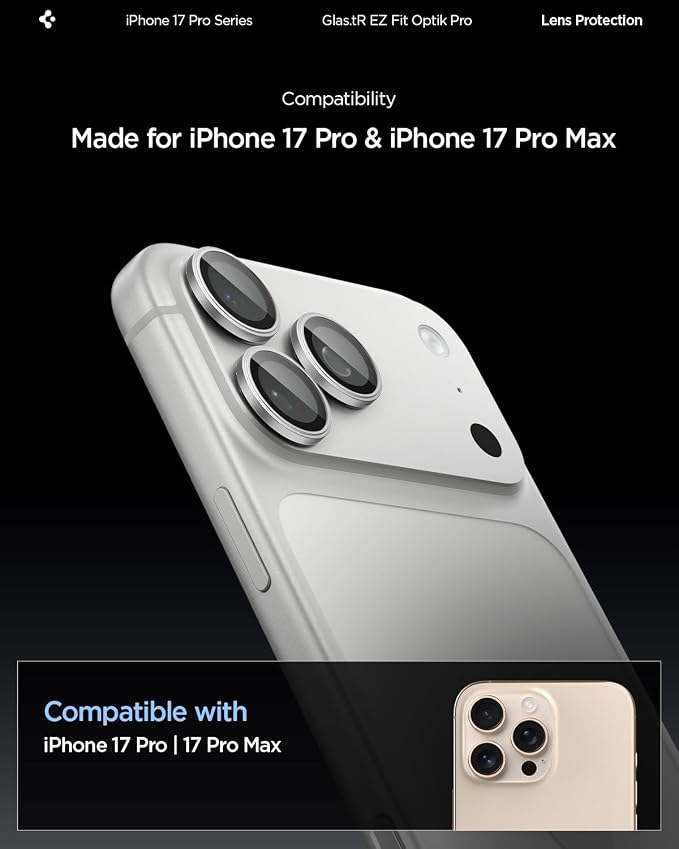 Spigen Camera Lens Protector for iPhone 17 Pro Max / 17 Pro - Silver | GlasTR EZ Fit Optik Pro, 9H+ Tempered glass, Scratch resistant, Auto-align tray, Original photo quality, Case-friendly, 2Pack - Image 2