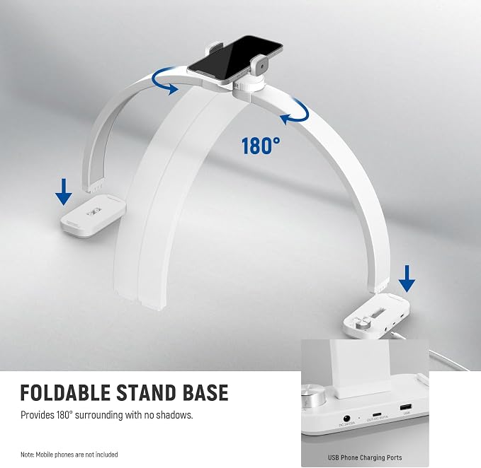 NEEWER Basic HM01-D 29" Arc Lamp, 40W Foldable LED Half Moon Table Nail Tech Light for Desk 3000K-6500K 3400lux/0.5m CRI95 USB Charging Phone Holder for Manicure Makeup Beauty Tattoo Overhead Shooting - Image 6