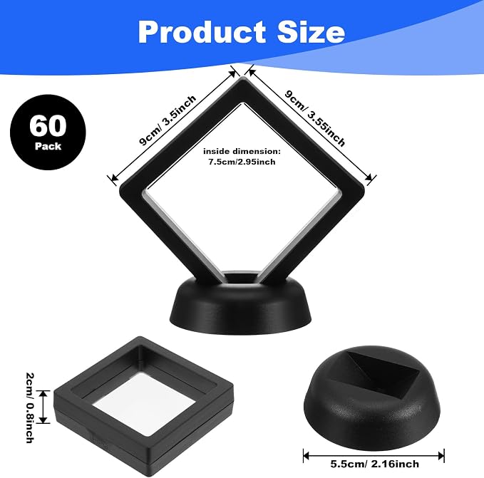 60Pcs 3D Floating Display Case Jewelry Storage Box Coin Frame Holder | Stands for Antique Challenge Coins, Medallion Shells Gems Rocks Pins (Black,3.5 Inch) - Image 2