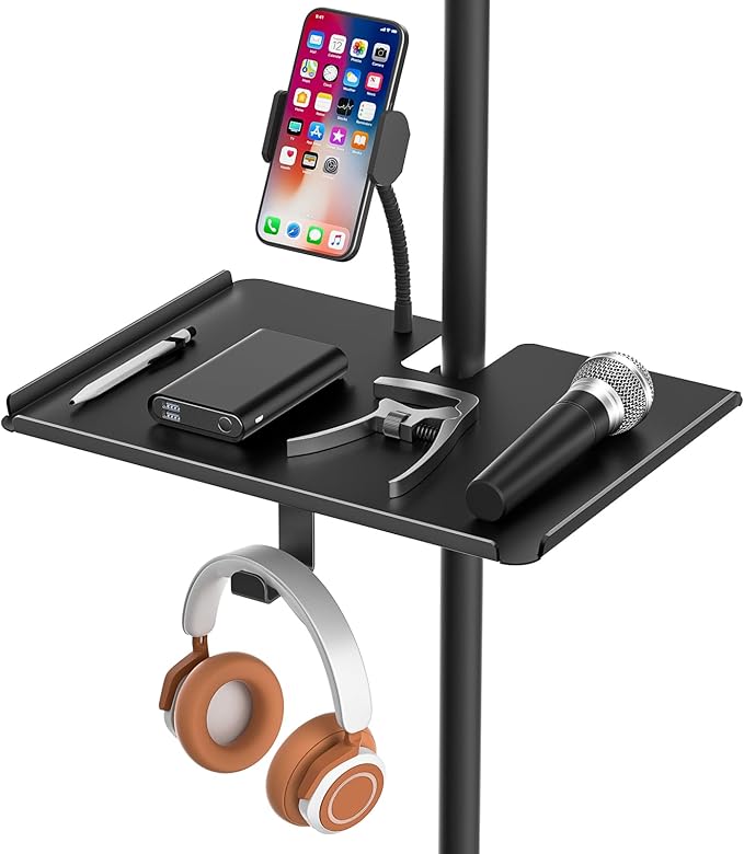 Metal Microphone Stand Tray with Mic Stand Phone Holder - 11.7" x 7.8" Functional Large Mic Stand Tray Shelf for Studio, Concert, Karaoke Clamp on Music Stand Shlef Attachment by CHUNXIAO