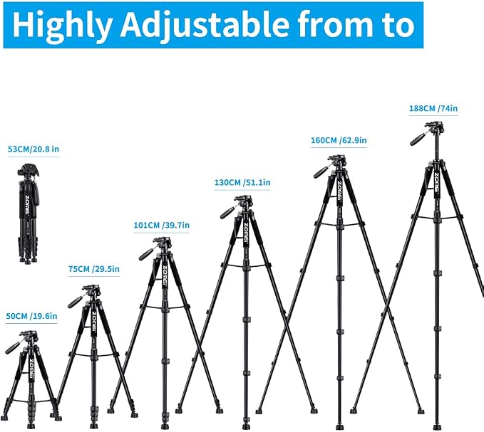 74’’ Camera Tripod,Heavy Duty Camera Stand Tripod,Cell Phone Tripod with Phone Holder, Professional Travel DSLR Tripods Compatible with DSLR Cameras,Cell Phones,Projector,Webcam(Black) - Image 6