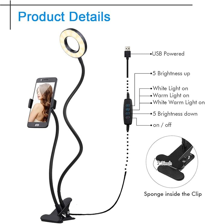Clip on Light Reading Lights with Cell Phone Holder,Eye Protection Kids Desk Lamp, 360 ° Flexible Gooseneck Selfie Ring Light， LED Makeup Mirror Lights… (Selfie Ring Light with Cell Phone Holder) - Image 5