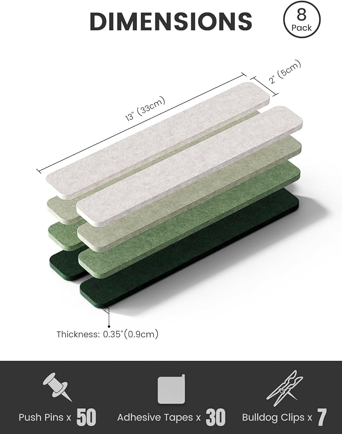 Fluxynara 13" x 2" Felt Wall Panels, Sagewood | 8-Pack Includes 50 Push Pins and Adhesive Tabs for Photos, Notes and Decor in Bedroom Doors, Home Office or Studios - Image 2