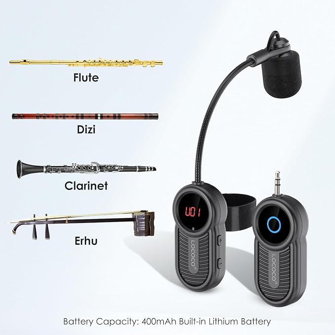 Lococo UHF Wireless Flute Microphone System: Wind Music Instruments Microphone Receiver and Transmitter, 160ft Range with Digital Screen, for Flute, Piccolo, Clarinet - Image 6