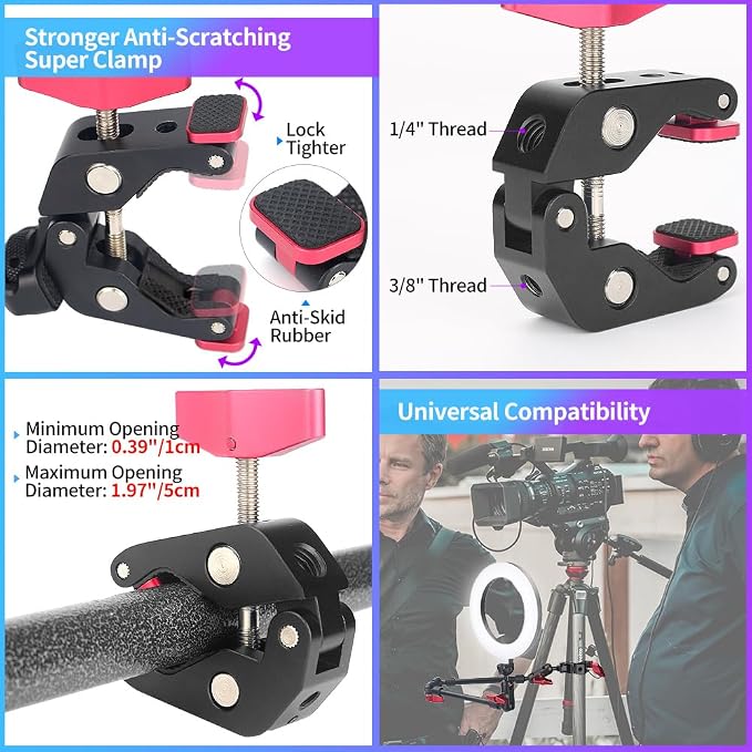 22" Articulating Magic Arm Camera Mount, Desk Clamp Overhead Mount | Anti-deflection lock, anti-slip pads, 0.55lb load, 1/4 3/8 5/8 adapters, aluminum, POV, light, phone, webcam, mic, vlogging - Image 4