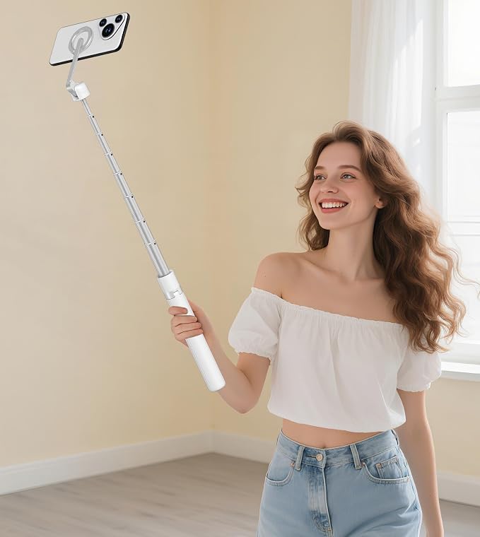 TONEOF 68" Magnetic Aluminum Phone Tripod Selfie Stick for iPhone & Android | Rechargeable Remote,360° Rotatable Foldable Cell Phone Stand Holder with Metal Ring,Travel Tripod for Magsafe (White) - Image 9