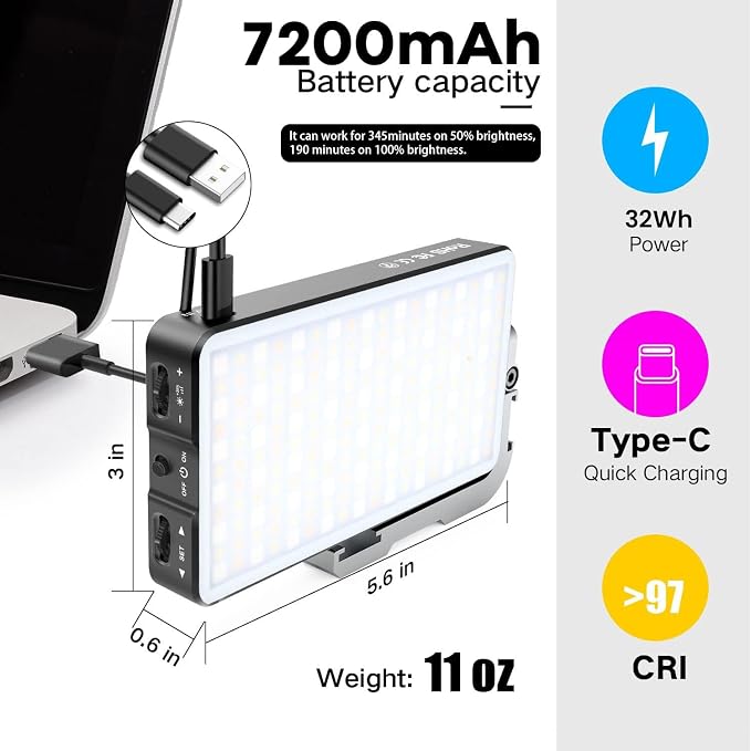 G2 Pocket RGB Camera Light,Built-in 7200mAh Rechargeable Battery 360°Full Color Gamut 9 Light Effects,2600-10000K LED Video Light Panel with Aluminum Alloy Body, Adjustable Tripod Stand - Image 2