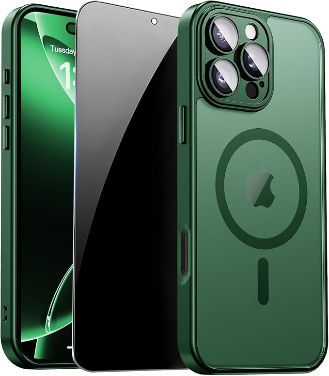 for iPhone 16 Pro Max Case with Privacy Screen Protector, Green | Full Camera Protection, Matte Magnetic, Compatible with MagSafe, Translucent Shockproof Phone Case for iPhone 16 ProMax by ZOZDOKG